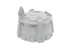 Grey 3D-printed miniature sci-fi bunker building on a plain white background