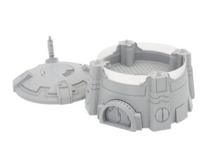 Grey 3D-printed sci-fi miniature building with a removable roof, showing a detailed hex-patterned interior floor