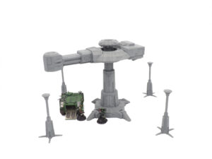 Grey 3D printed tabletop sci-fi tower and four pillars, shown with painted miniature figures for scale
