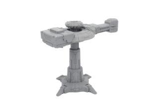 Grey 3D-printed futuristic tower miniature with a detailed pillar and top platform, on a plain white background