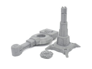 Grey 3D-printed sci-fi tabletop terrain components, featuring a tall tower, a console structure, and a circular hatch