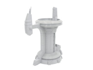 Grey 3D-printed sci-fi tower miniature with a circular platform and antenna, isolated on a white background