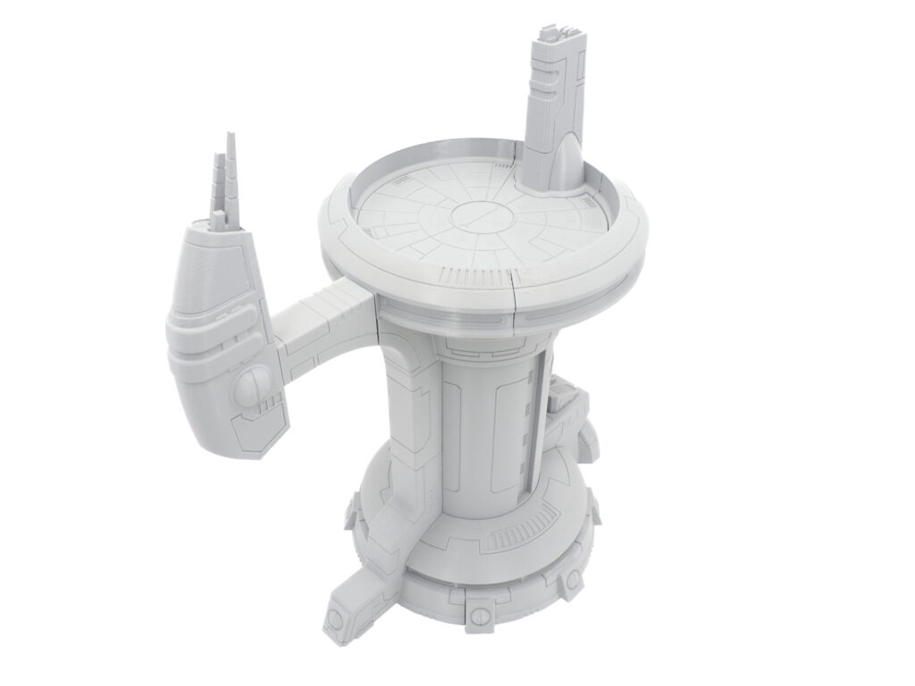 Unpainted grey 3D-printed sci-fi tower terrain with a circular platform, designed for tabletop wargaming