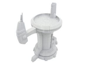 Unpainted grey 3D-printed sci-fi tower terrain with a circular platform, designed for tabletop wargaming