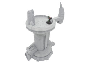Grey 3D-printed tabletop gaming terrain tower with a miniature figure standing on the circular top platform