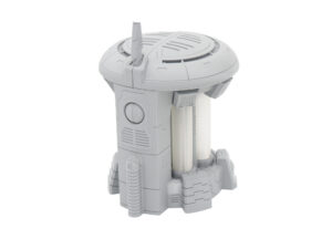 3D-printed grey sci-fi generator miniature with translucent white cylinders, shown on a white background