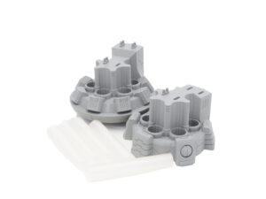 Grey 3D-printed sci-fi miniature components with semi-translucent plastic rods on a white background