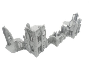 Unpainted grey 3D-printed gothic cathedral ruins miniature terrain for tabletop wargaming