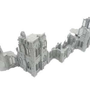 Unpainted grey 3D-printed gothic cathedral ruins miniature terrain for tabletop wargaming
