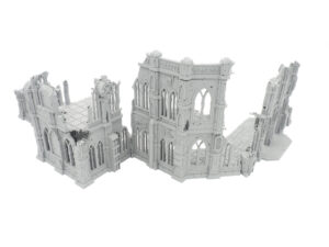 Miniature grey gothic ruins 3D printed terrain set for tabletop wargaming, shown on a white background