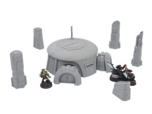 Grey 3D-printed sci-fi bunker and pillars tabletop terrain set, shown with painted miniatures for scale