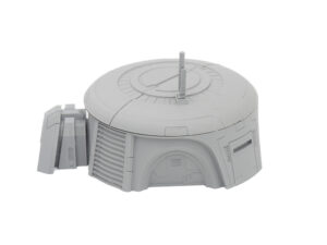 Grey 3D-printed sci-fi bunker miniature with a circular domed roof and antenna, on a white background