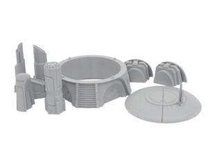 A collection of grey 3D-printed sci-fi tabletop miniature terrain pieces on a white background
