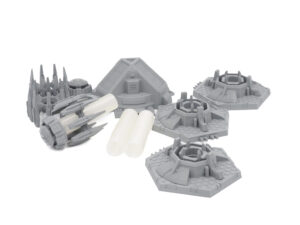 Grey 3D-printed sci-fi tabletop terrain pieces, including hexagonal platforms and a pyramid, on a white background