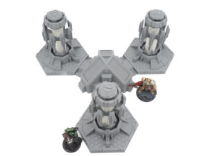 Grey 3D-printed sci-fi tabletop gaming terrain featuring three generator towers, shown with miniature figures for scale