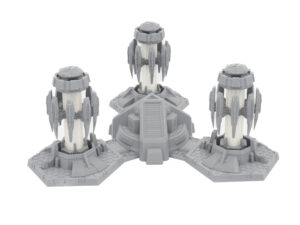3D-printed grey and white sci-fi tabletop terrain featuring three connected towers with hexagonal bases
