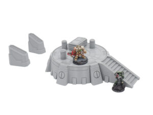 Grey 3D-printed sci-fi circular platform and stairs tabletop wargaming terrain, shown with miniature figures