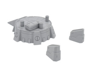 Grey 3D-printed sci-fi terrain pieces including a circular bunker platform and two separate modular structures