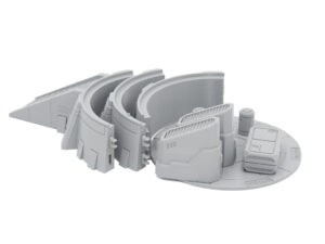 Grey 3D-printed sci-fi tabletop gaming terrain featuring modular curved walls, a ramp, and crates