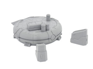 Grey 3D-printed sci-fi tabletop terrain kit featuring a round platform with crates and separate vent components