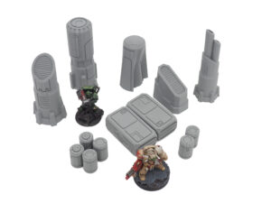 Grey 3D-printed sci-fi tabletop terrain set including towers, crates and barrels, shown with miniature figures for scale