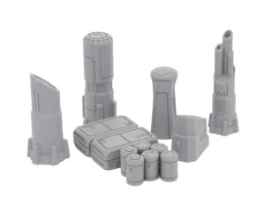 Grey 3D-printed sci-fi tabletop terrain miniatures featuring industrial towers, cargo crates, and canisters