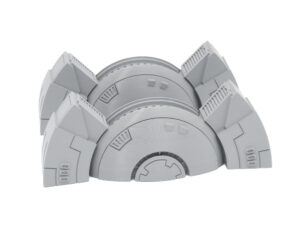 Grey 3D-printed sci-fi tabletop terrain piece with semi-circular archways and panel details