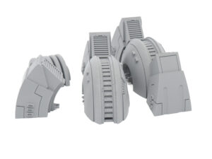 Grey 3D-printed sci-fi industrial terrain components on a white background