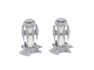 Two grey and white 3D-printed sci-fi power generator models side by side on a plain white background