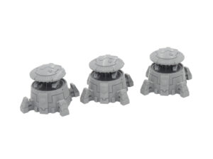 Three grey 3D-printed sci-fi turret miniatures for tabletop gaming