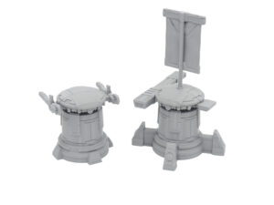 Two grey 3D-printed sci-fi miniatures: a small defense turret and an objective marker with a banner