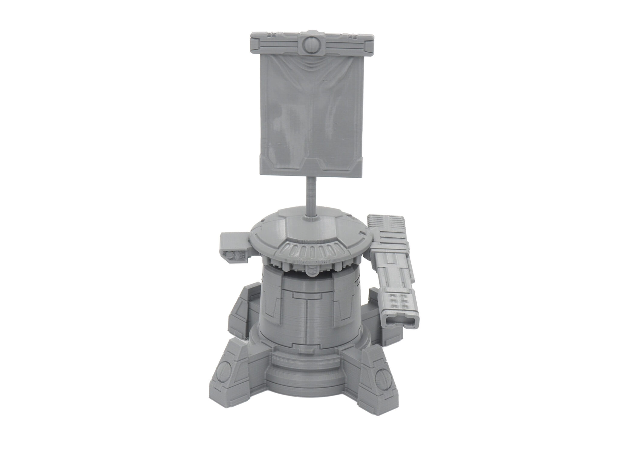 Grey 3D-printed futuristic turret miniature with a banner and side cannon for tabletop wargaming