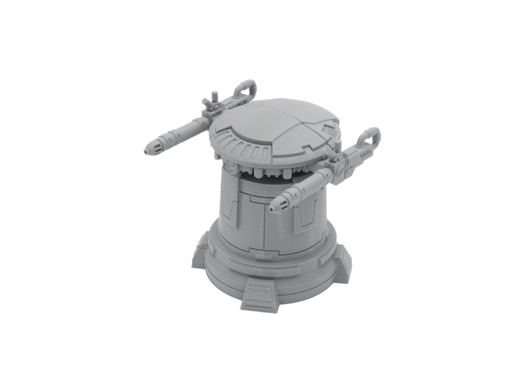 Grey unpainted 3D printed sci-fi turret miniature with dual side cannons, isolated on a white background