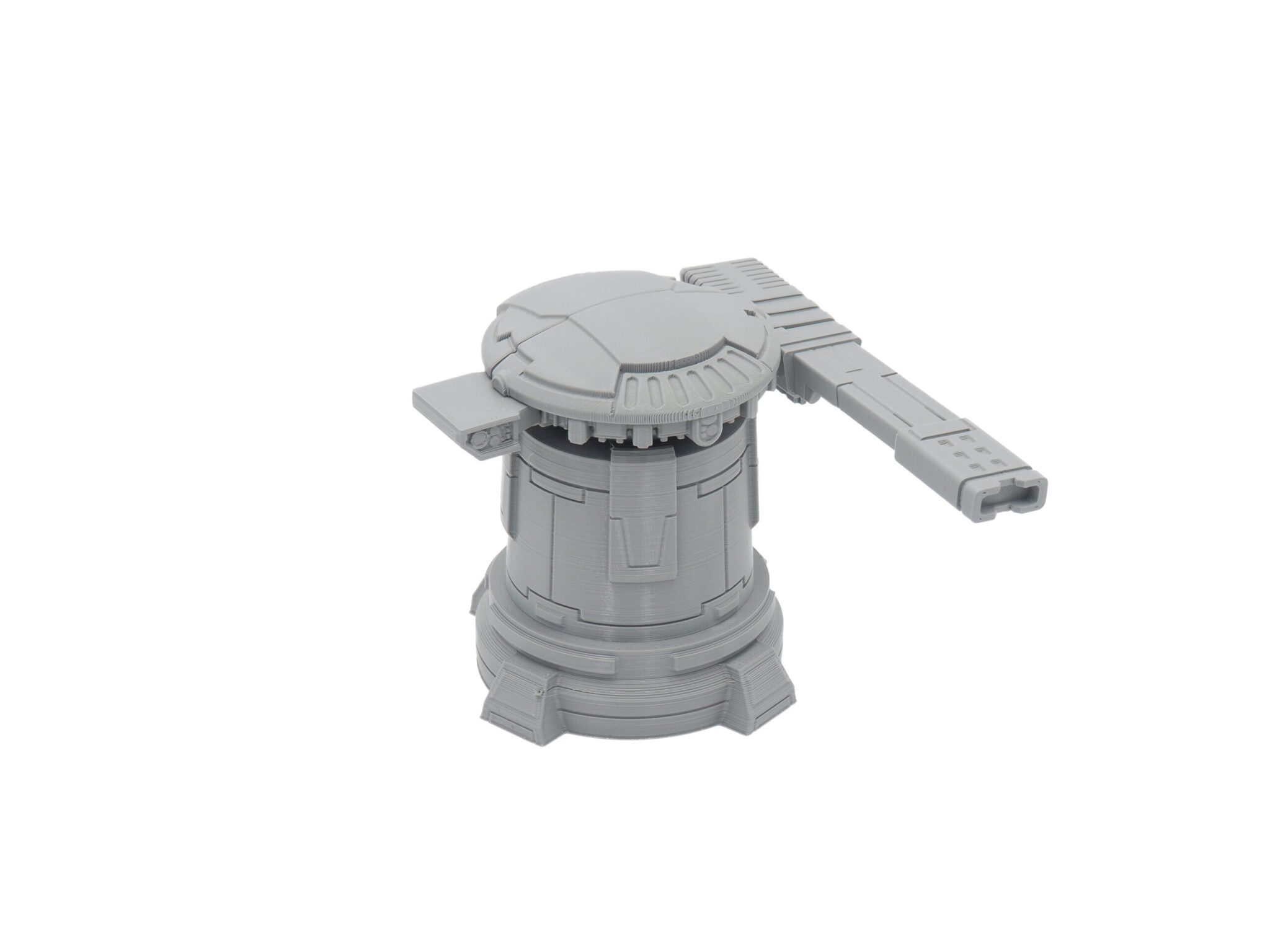 Grey 3D-printed sci-fi bunker or turret terrain miniature for tabletop gaming, shown on a plain white background