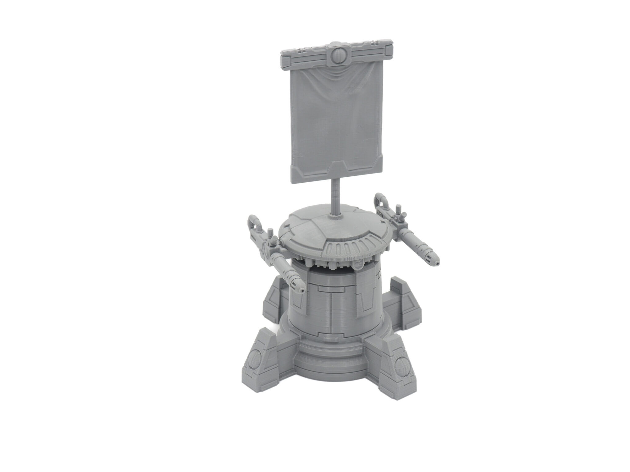 Unpainted grey 3D-printed sci-fi miniature turret with dual guns and a banner on a white background