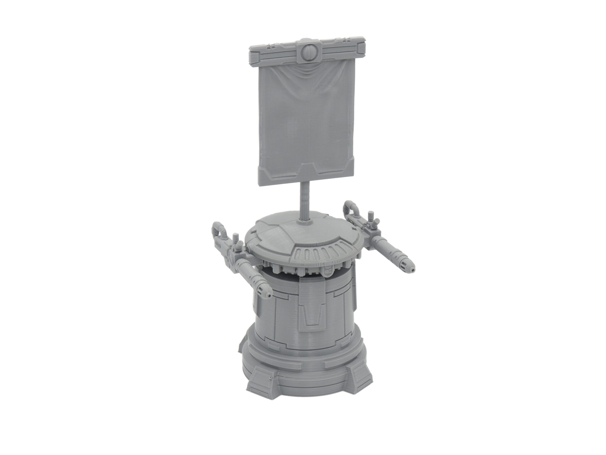 Grey 3D-printed sci-fi turret miniature with two side guns and a blank banner on top, isolated on a white background