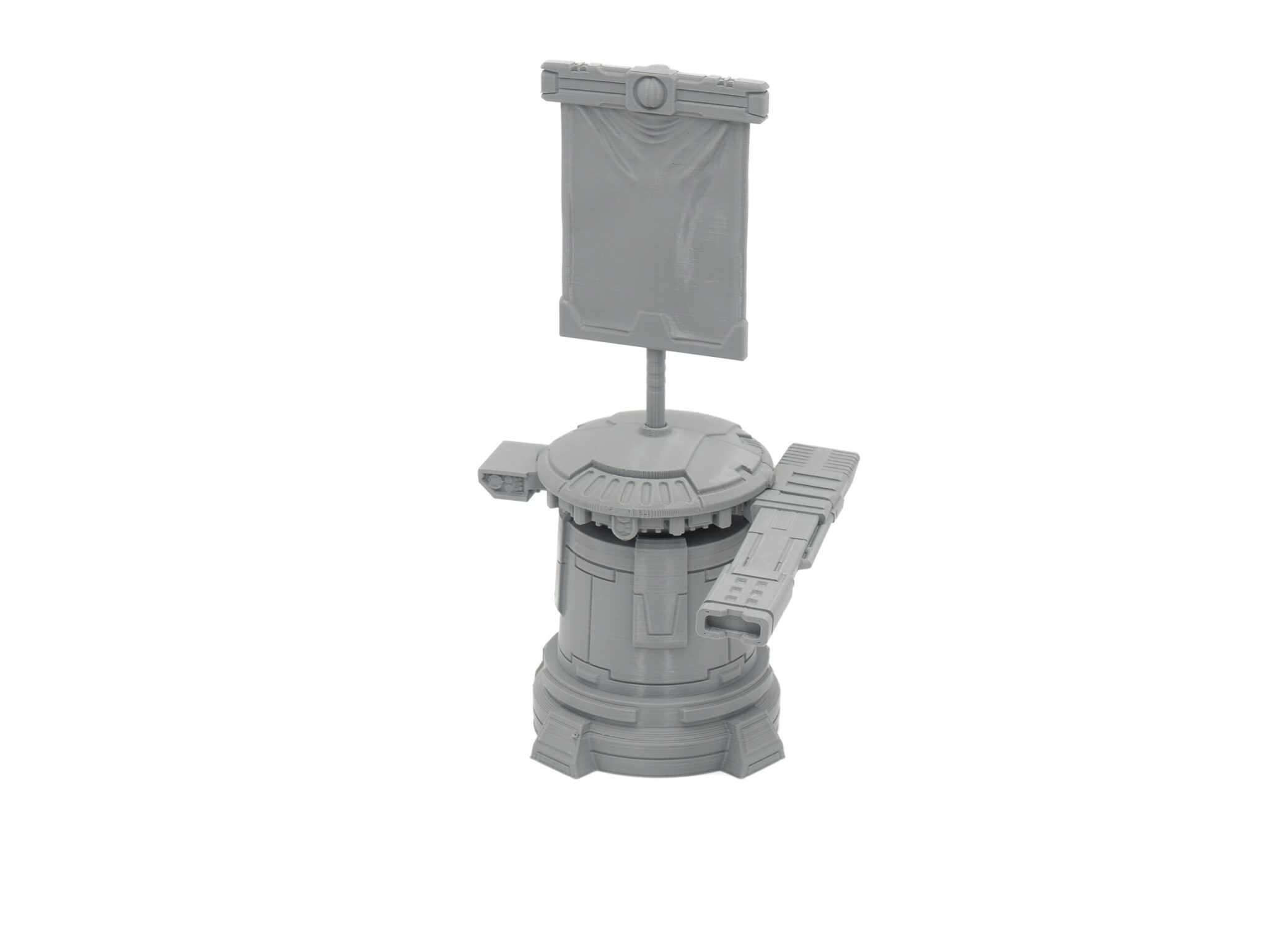 Grey 3D-printed sci-fi miniature turret with a banner, designed for tabletop wargaming, shown on a white background