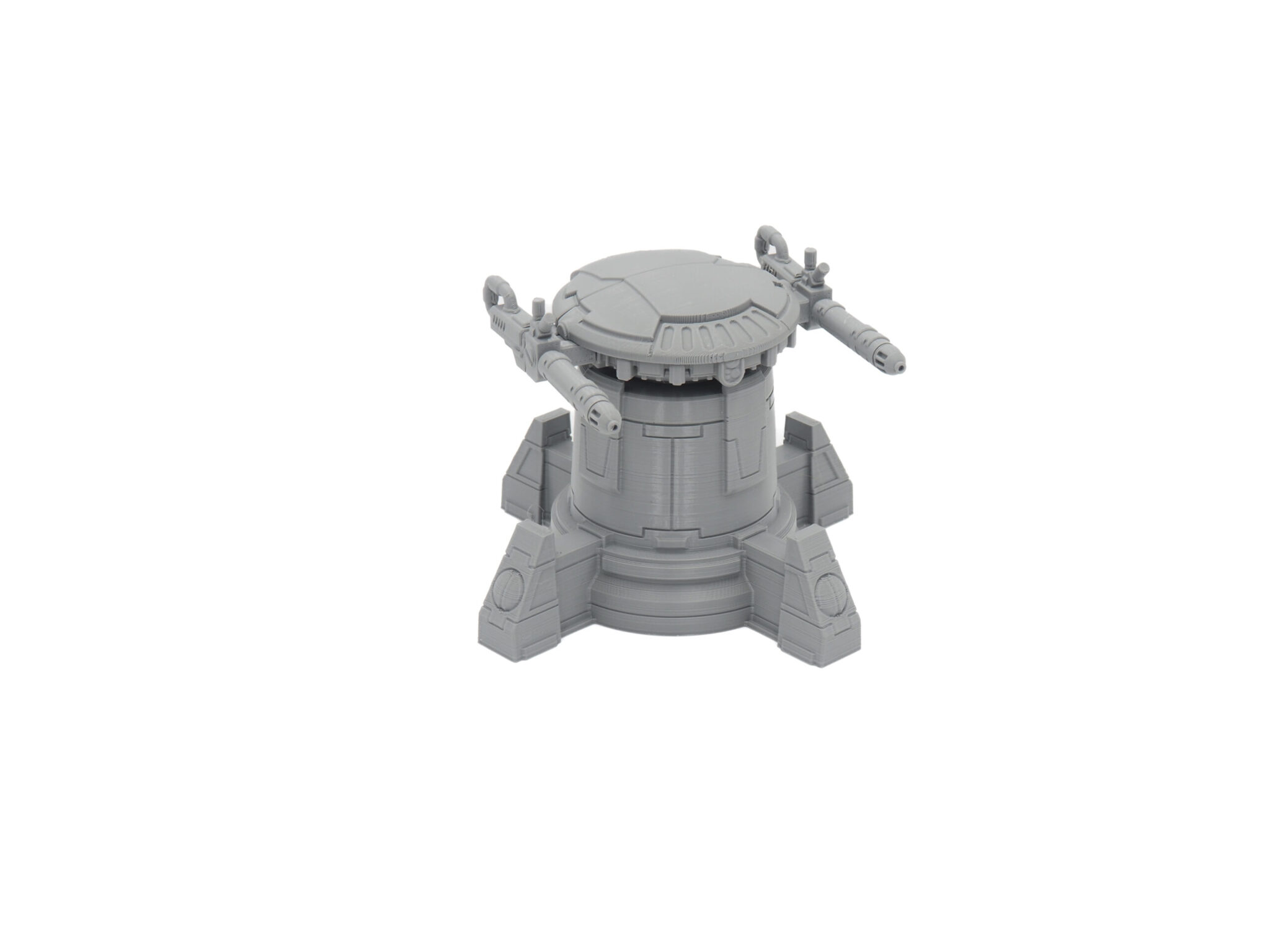 Grey 3D-printed sci-fi defense turret miniature with dual cannons, isolated on a white background