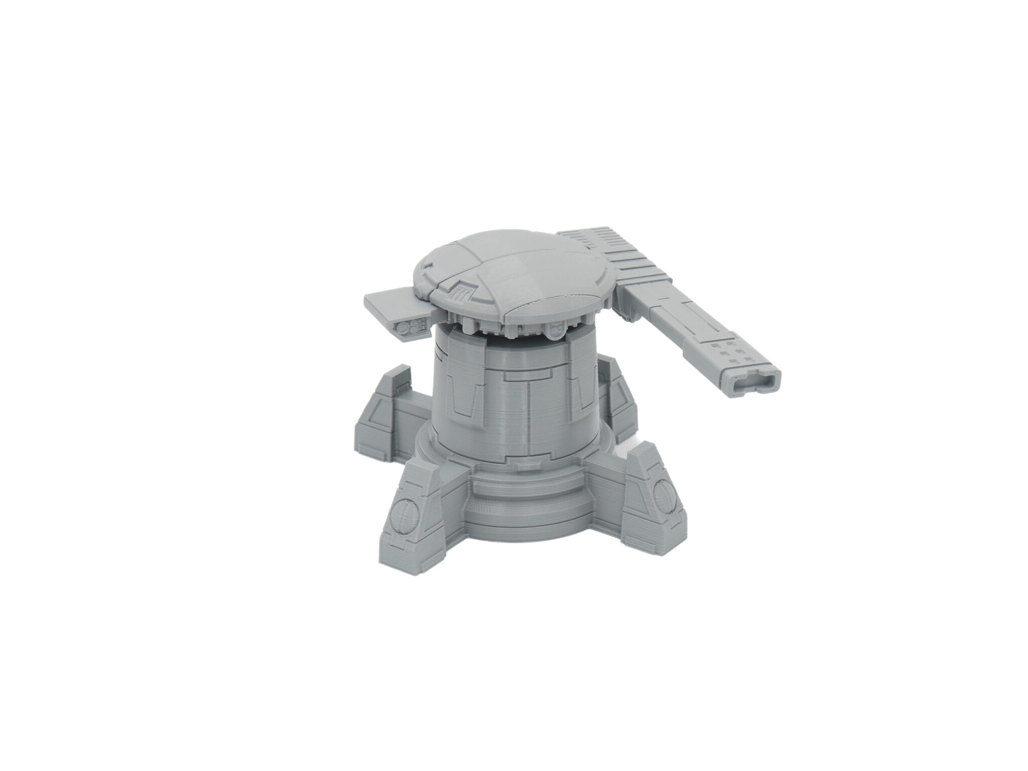 Grey 3D-printed sci-fi defense turret miniature with a single long cannon barrel, on a plain white background