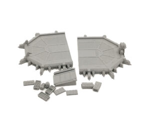 Grey 3D-printed tabletop miniature terrain set featuring landing pad segments, a ramp, and cargo crates