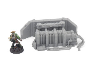 Grey 3D-printed sci-fi generator and wall terrain with a painted miniature for scale comparison