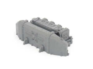 Grey 3D-printed sci-fi power generator terrain piece with industrial details for tabletop wargaming