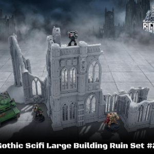 Grey unpainted 3D-printed Gothic Sci-Fi Large Building Ruin Set #2 for tabletop wargaming