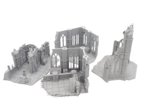 Four grey 3D-printed gothic ruin terrain pieces with arched windows, designed for tabletop wargaming