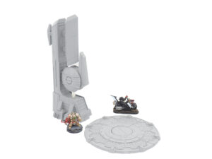 Grey 3D-printed sci-fi terrain tower and circular platform, shown with miniature figures for scale