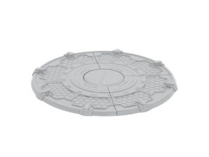 Grey 3D-printed circular sci-fi terrain platform with hexagonal patterns and panel lines