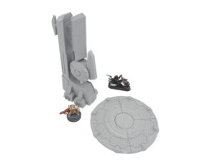 Grey 3D-printed sci-fi wargaming terrain, featuring a tall tower and circular pad shown with miniatures for scale