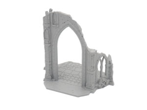 Grey 3D-printed miniature terrain featuring a ruined gothic archway and tiled floor for tabletop gaming
