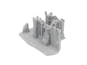 Grey 3D-printed gothic cathedral ruins miniature with arched windows and a tiled floor base