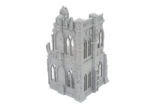 Unpainted grey 3D-printed miniature of ruined gothic building terrain for tabletop gaming